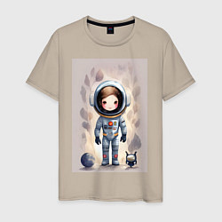 Футболка хлопковая мужская Милый маленький космонавт - нейросеть, цвет: миндальный