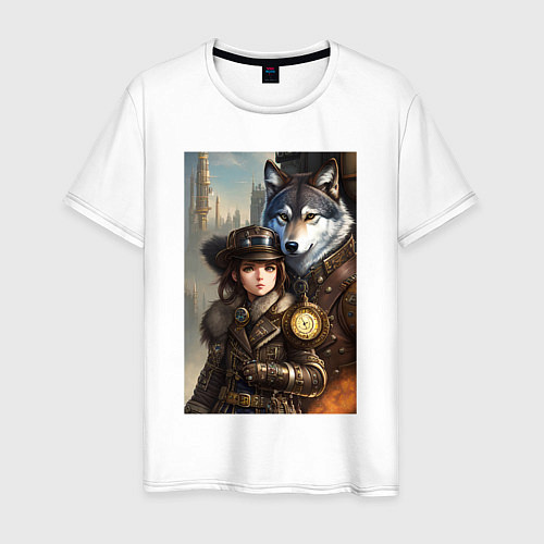 Мужская футболка Крутая девчонка под защитой волка - стимпанк - ней / Белый – фото 1