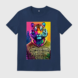 Футболка хлопковая мужская Городской тигр - нейросеть, цвет: тёмно-синий