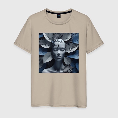 Мужская футболка Манекен в серо-синих листьях - нейросеть / Миндальный – фото 1