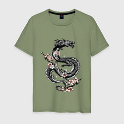 Мужская футболка Дракон с цветущей сакурой