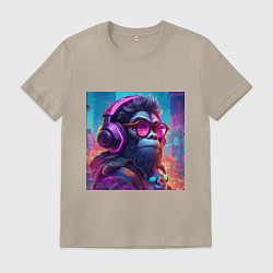 Футболка хлопковая мужская Обезьяна в наушниках и очках, цвет: миндальный