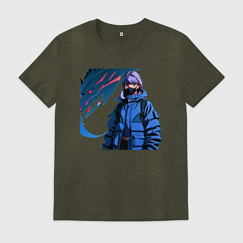 Мужская футболка Девушка аниме в маске / Меланж-хаки – фото 1