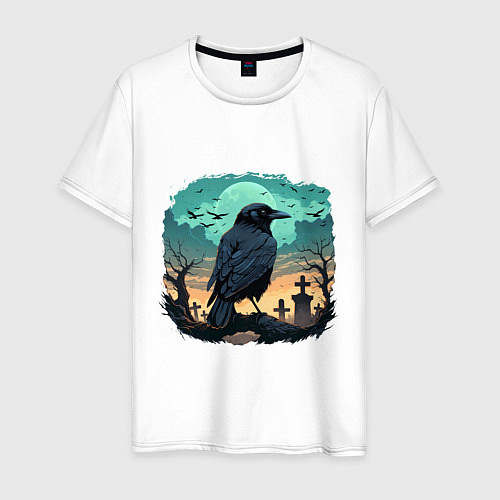 Мужская футболка Черный ворон на кладбище / Белый – фото 1