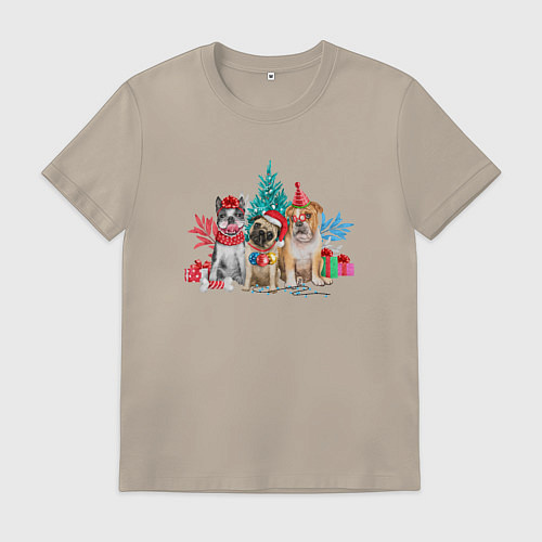 Мужская футболка Новогодние собачки / Миндальный – фото 1