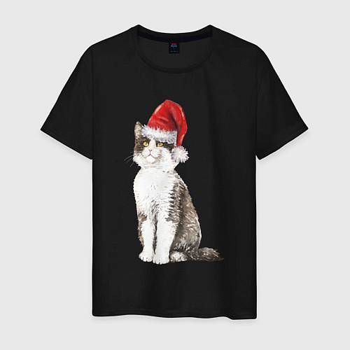 Мужская футболка Пятнистый кот в новогодней шапочке / Черный – фото 1