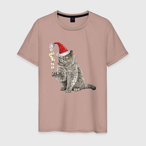 Мужская футболка Пушистый котик новогодний / Пыльно-розовый – фото 1