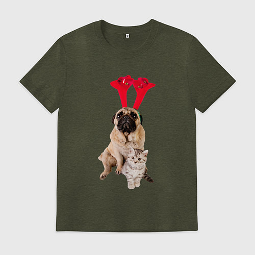 Мужская футболка Мопс с ушками и котёнок / Меланж-хаки – фото 1