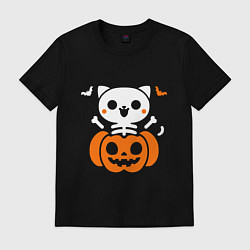 Футболка хлопковая мужская Веселый кот-скелет в тыкве - Хэллоуин, цвет: черный