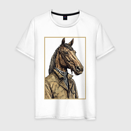 Мужская футболка Конь в бежевом пальто / Белый – фото 1