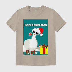 Мужская футболка Лама - альпака Санта Клаус на коньках