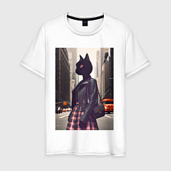 Футболка хлопковая мужская Cat fashionista - New York - ai art, цвет: белый