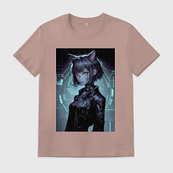 Футболка хлопковая мужская Дикая кошка - киберпанк - нейросеть, цвет: пыльно-розовый