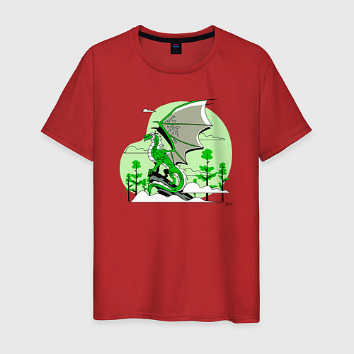 Мужская футболка Зелёный дракон на скале 2024 / Красный – фото 1