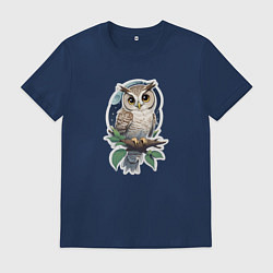 Футболка хлопковая мужская Сова на ветке в ночи, цвет: тёмно-синий