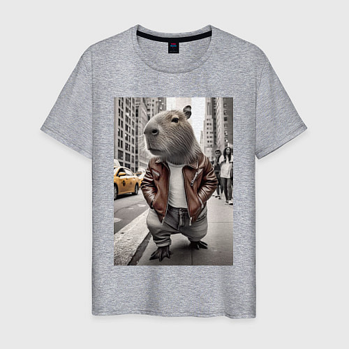 Мужская футболка Trendy capybara on the streets of New York / Меланж – фото 1