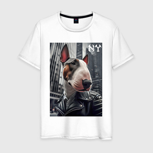 Мужская футболка Dude bull terrier in New York - ai art / Белый – фото 1