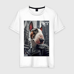 Футболка хлопковая мужская Dude bull terrier in New York - ai art, цвет: белый