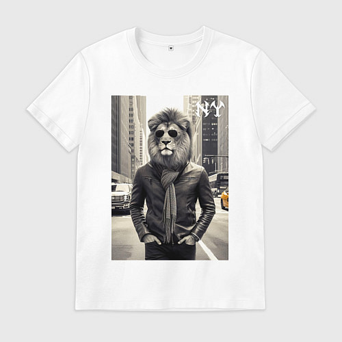 Мужская футболка Лев модник в Нью-Йорке - нейросеть / Белый – фото 1
