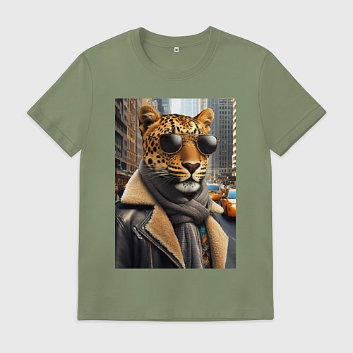 Мужская футболка Леопард модник - Нью-Йорк - нейросеть / Авокадо – фото 1