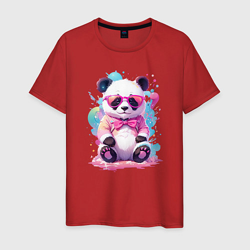 Мужская футболка Милая панда в розовых очках и бантике / Красный – фото 1