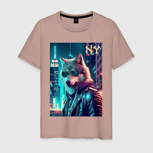 Мужская футболка Крутой волчара в ночном Нью-Йорке / Пыльно-розовый – фото 1