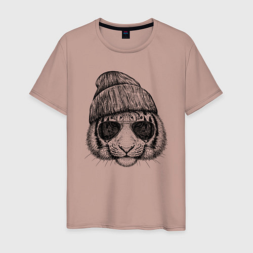 Мужская футболка Тигр в шапке / Пыльно-розовый – фото 1