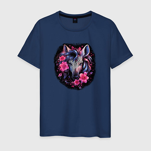 Мужская футболка Зебра среди цветов / Тёмно-синий – фото 1