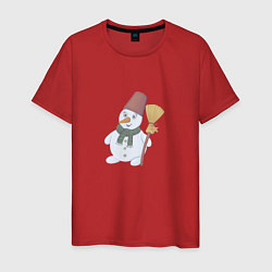 Футболка хлопковая мужская Снеговик с метлой, цвет: красный