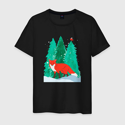 Мужская футболка Лиса в лесу и птичка / Черный – фото 1
