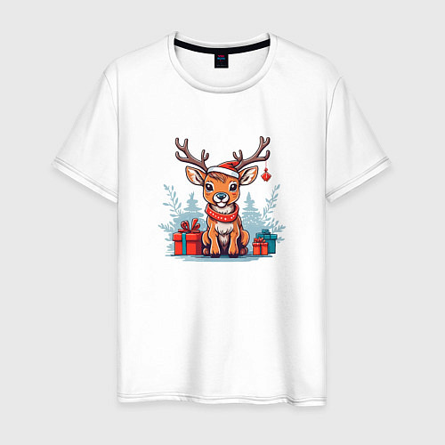 Мужская футболка Новогодний олень в зимнем лесу / Белый – фото 1