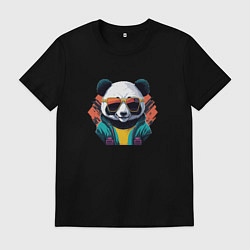 Футболка хлопковая мужская Стильная панда в очках, цвет: черный