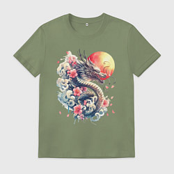 Мужская футболка Японский дракон на фоне солнца и цветки сакуры