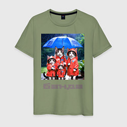 Футболка хлопковая мужская Кошачья семья под зонтом, цвет: авокадо