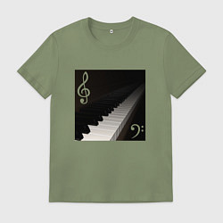 Футболка хлопковая мужская Скрипичный и басовый ключи с клавиатурой фортепиан, цвет: авокадо