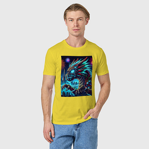 Мужская футболка Cyber dragon - ai art neon / Желтый – фото 3