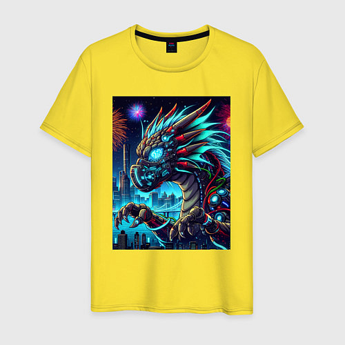 Мужская футболка Cyber dragon - ai art neon / Желтый – фото 1