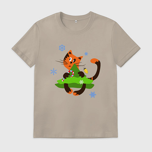 Мужская футболка Кот на елке / Миндальный – фото 1