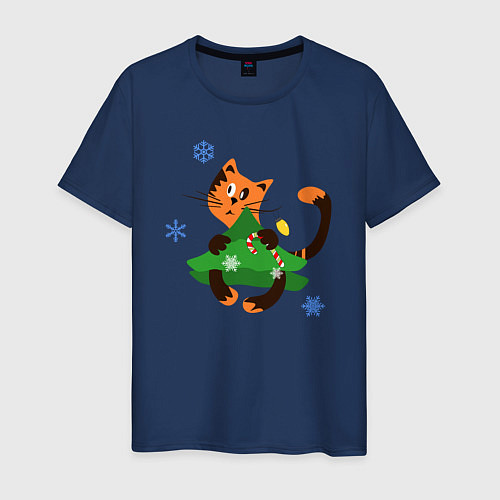 Мужская футболка Кот на елке / Тёмно-синий – фото 1