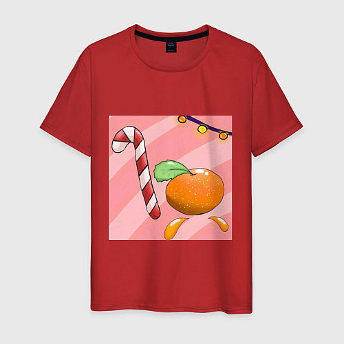 Мужская футболка Рождественская карамельная трость и мандарин - Нов / Красный – фото 1