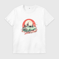 Футболка хлопковая мужская Старое авто на оранжевом небесном фоне, цвет: белый