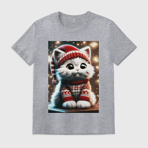 Мужская футболка Котик в новогоднем свитере / Меланж – фото 1