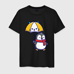 Футболка хлопковая мужская Пингвинчик под зонтом, цвет: черный