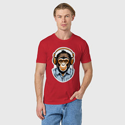 Футболка хлопковая мужская Портрет обезьяны в наушниках, цвет: красный — фото 2