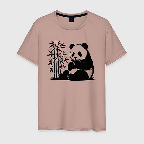 Мужская футболка Сидящая чёрная панда рядом с бамбуком / Пыльно-розовый – фото 1