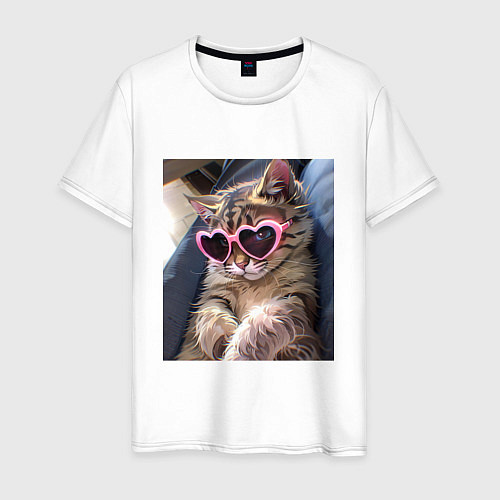 Мужская футболка Милый мем-кот в очках в стиле аниме / Белый – фото 1