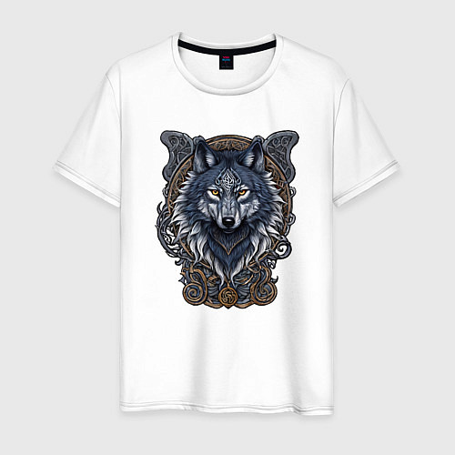 Мужская футболка Волк талисман в славянском орнаменте / Белый – фото 1