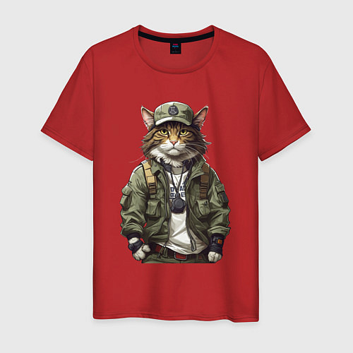 Мужская футболка Брутальный кот в форме / Красный – фото 1