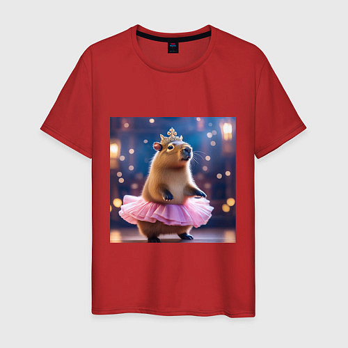 Мужская футболка Мем капибара балерина в розовой юбочке и короне / Красный – фото 1
