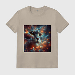 Футболка хлопковая мужская Портрет кота в космической туманности, цвет: миндальный